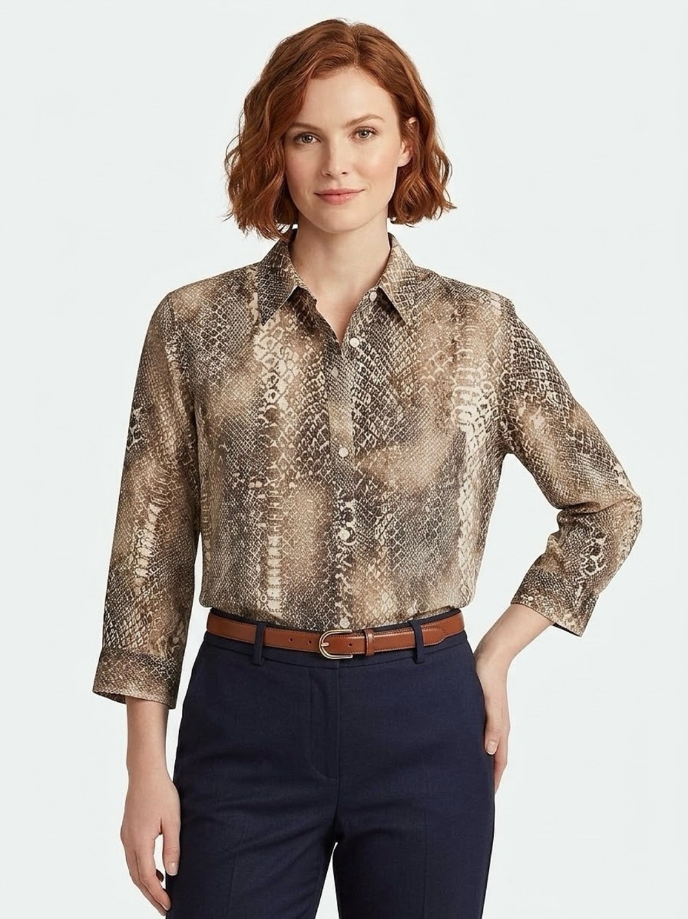 LAUREN Ralph Lauren Brown Snakeskin Button Down Shirt 3/4 Sleeve - Size XL